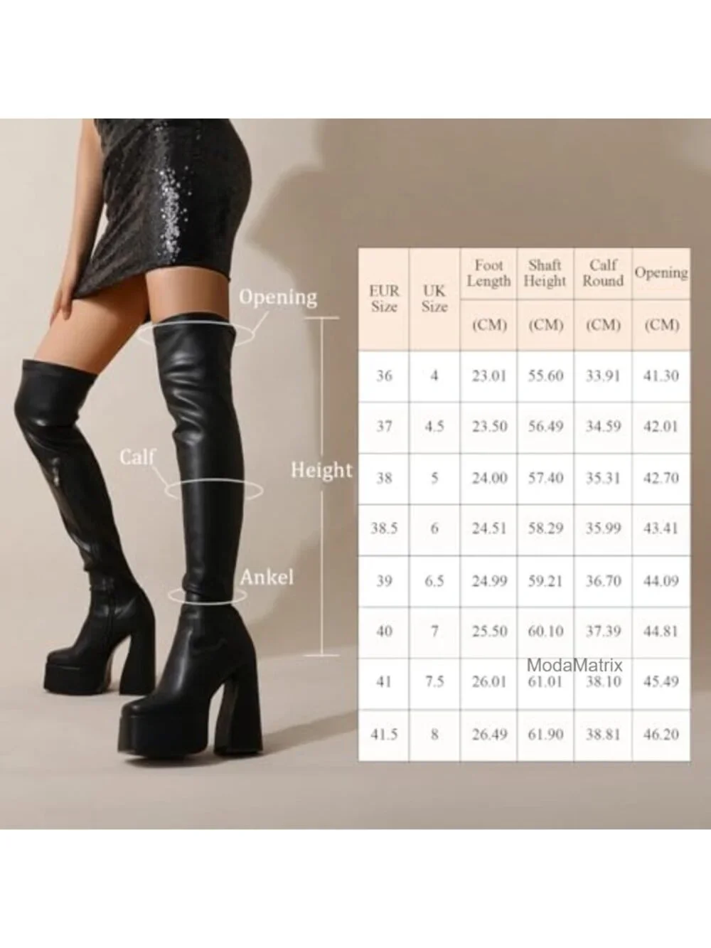 Platform Thigh High Boots Stretch PU Leather Chunky Block Heels Over Knee